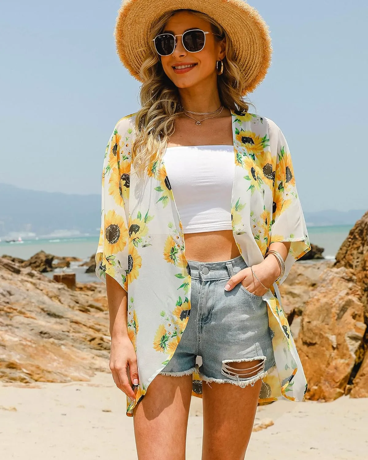 Hibluco Women's Floral Kimono Cardigan Casual Chiffon Tops Loose Beach Cover Ups