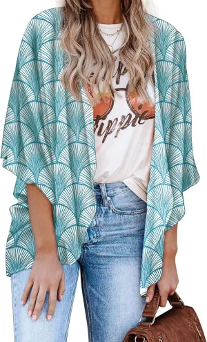 Hibluco Women's Floral Kimono Cardigan Casual Chiffon Tops Loose Beach Cover Ups