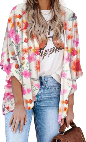 Hibluco Women's Floral Kimono Cardigan Casual Chiffon Tops Loose Beach Cover Ups