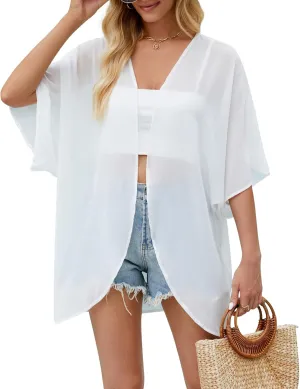 Hibluco Women's Floral Kimono Cardigan Casual Chiffon Tops Loose Beach Cover Ups