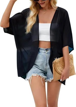 Hibluco Women's Floral Kimono Cardigan Casual Chiffon Tops Loose Beach Cover Ups