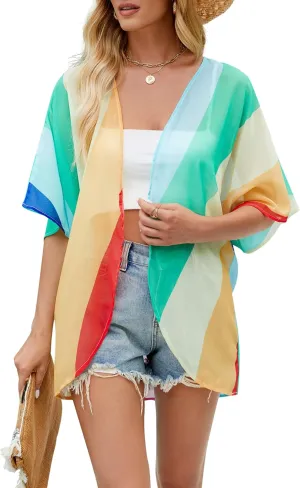 Hibluco Women's Floral Kimono Cardigan Casual Chiffon Tops Loose Beach Cover Ups