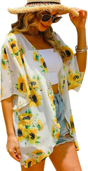 Hibluco Women's Floral Kimono Cardigan Casual Chiffon Tops Loose Beach Cover Ups