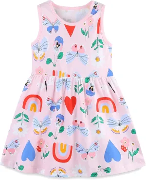 HILEELANG Little Girls Cotton Dress Sleeveless Casual Summer Sundress Flower Printed Jumper Skirt