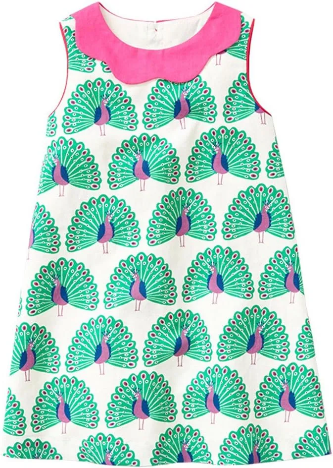 HILEELANG Little Girls Cotton Dress Sleeveless Casual Summer Sundress Flower Printed Jumper Skirt