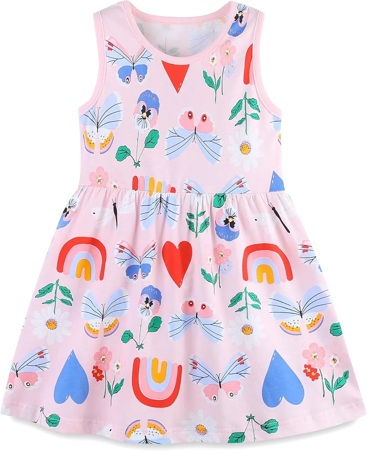 HILEELANG Little Girls Cotton Dress Sleeveless Casual Summer Sundress Flower Printed Jumper Skirt