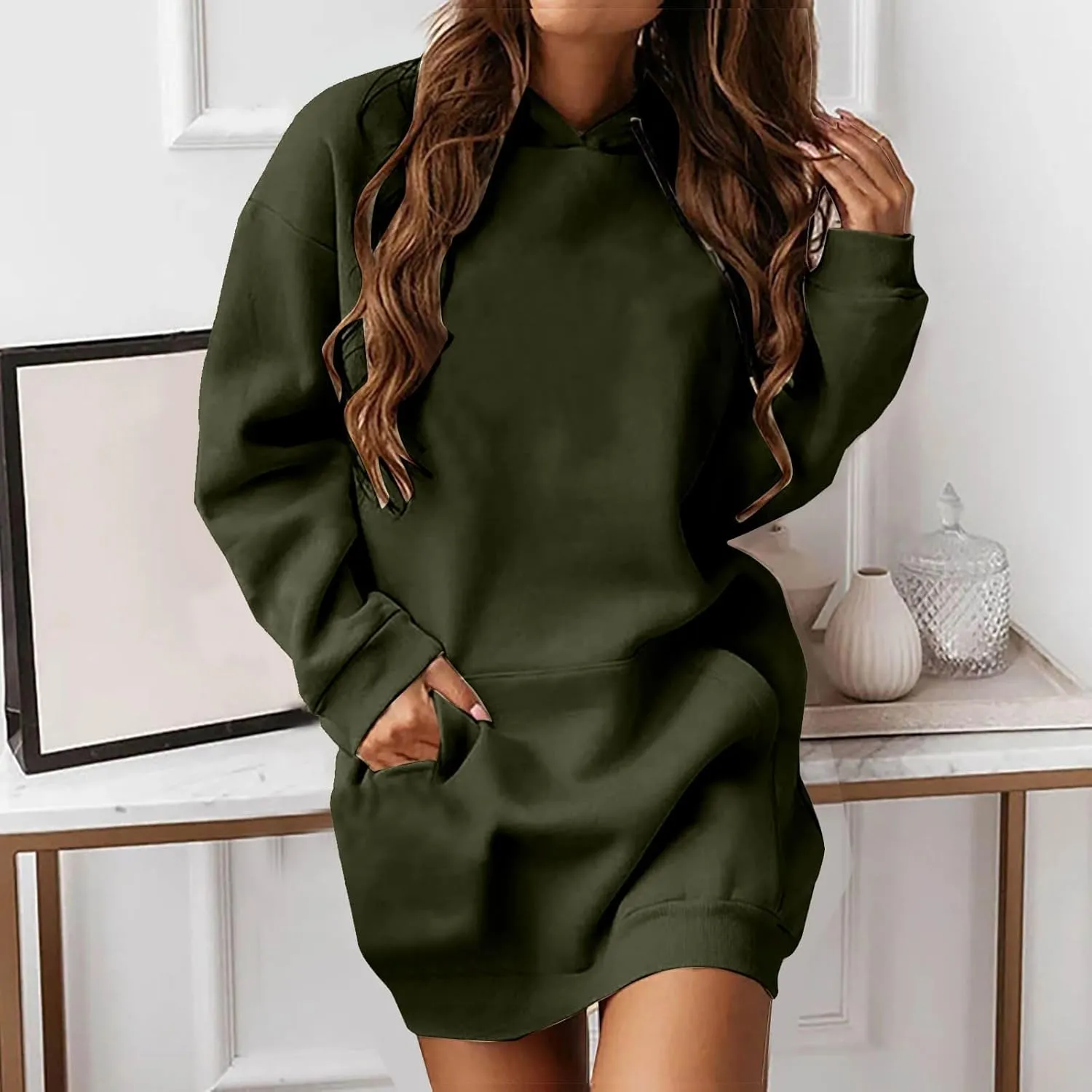 Hooded Sweatshirt Dress for Women Long Sleeve Casual Mini Dress with Pocket Oversized Solid Color Pullover Dresses