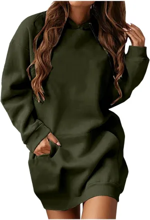Hooded Sweatshirt Dress for Women Long Sleeve Casual Mini Dress with Pocket Oversized Solid Color Pullover Dresses