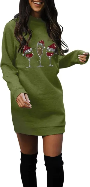 Hoodie Jumpers for Women Casual Long Sleeve Crewneck Lightweight Pullover Sweatshirt Dress Elegant Loose Fit Midi Dress