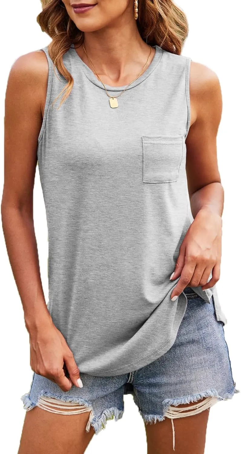 Hount Women's High Neck Tank Tops Summer Sleeveless T Shirts Loose Fit with Pockets