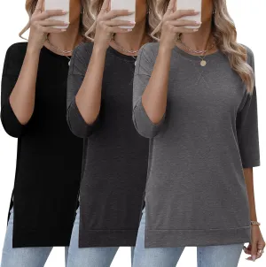 Huukeay 3 Pack Women's 3/4 Sleeve Cotton Tunic Tops Side Slit Loose Fit Round Neck Tee Shirt Casual Basic Blouse for Leggings