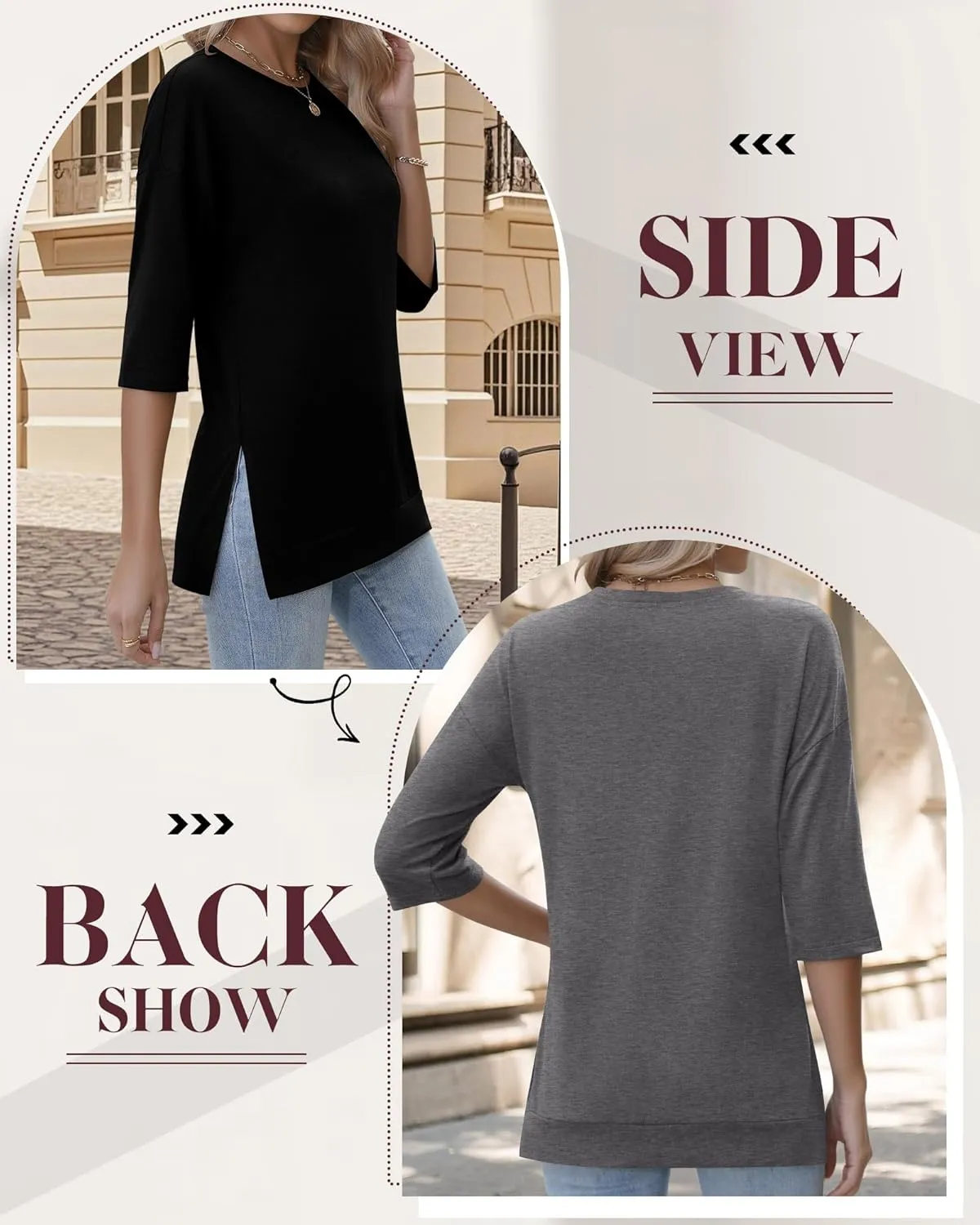 Huukeay 3 Pack Women's 3/4 Sleeve Cotton Tunic Tops Side Slit Loose Fit Round Neck Tee Shirt Casual Basic Blouse for Leggings