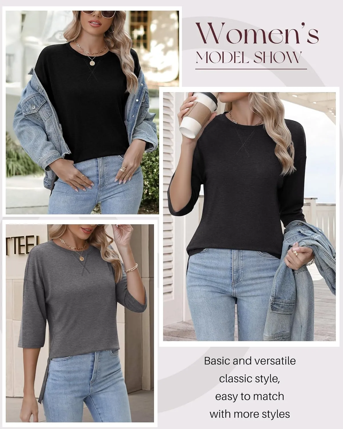 Huukeay 3 Pack Women's 3/4 Sleeve Cotton Tunic Tops Side Slit Loose Fit Round Neck Tee Shirt Casual Basic Blouse for Leggings
