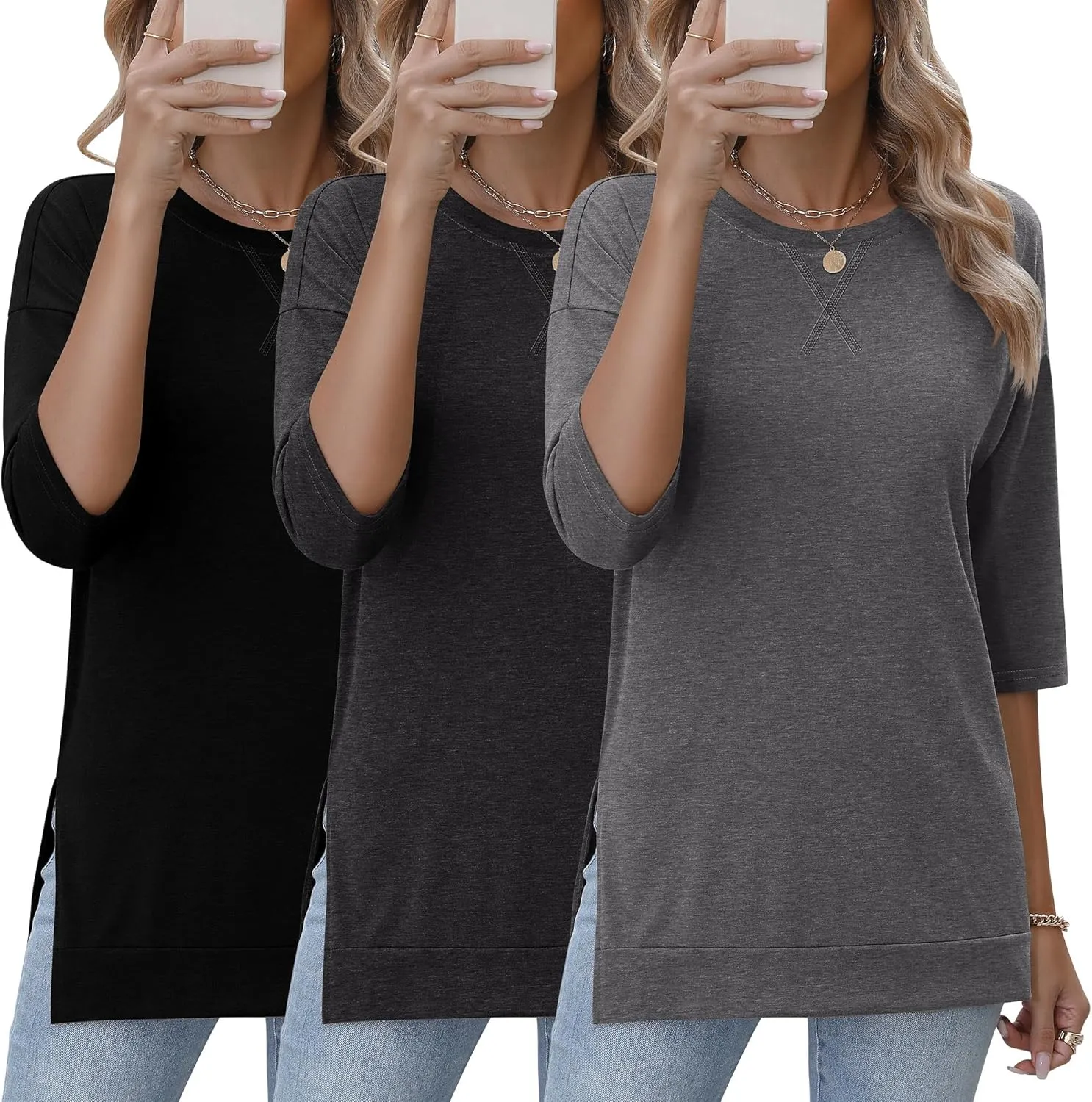Huukeay 3 Pack Women's 3/4 Sleeve Cotton Tunic Tops Side Slit Loose Fit Round Neck Tee Shirt Casual Basic Blouse for Leggings