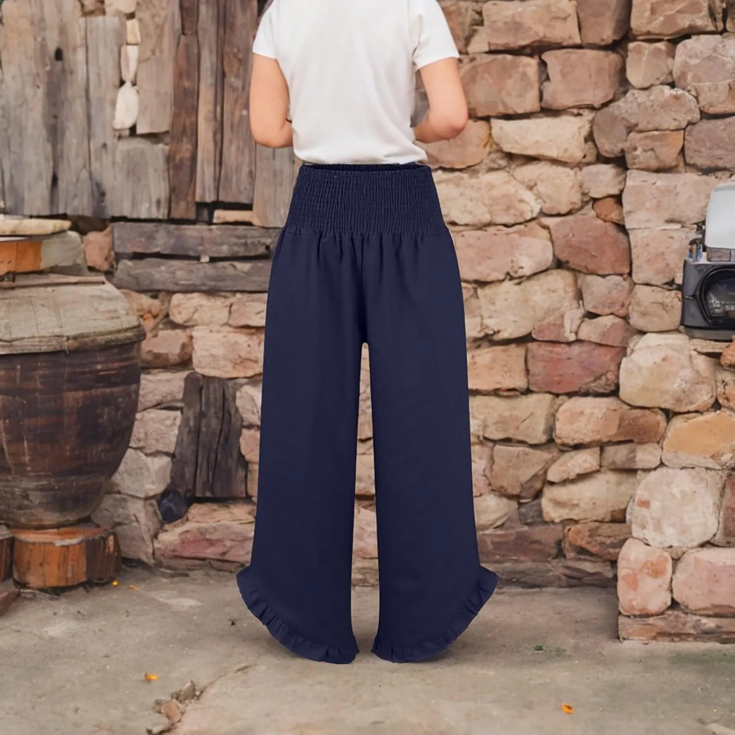 HXHYQKP Womens Linen Pant Wide Leg Summer Loose Flowy Trousers 2025 Casual Beach Stretch Ruffle Pants