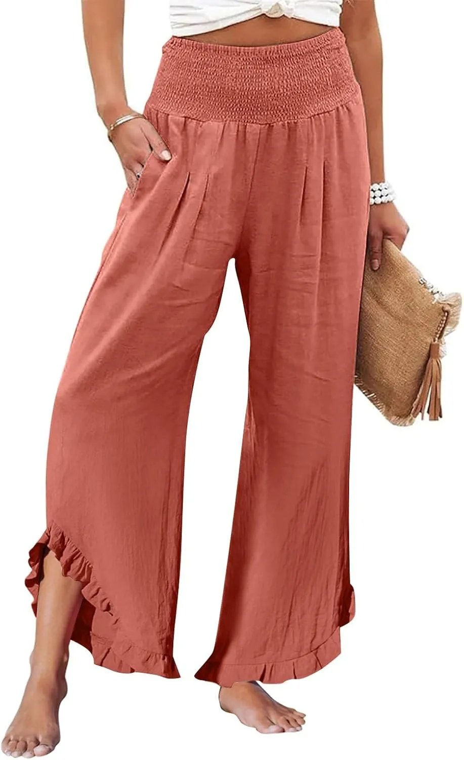 HXHYQKP Womens Linen Pant Wide Leg Summer Loose Flowy Trousers 2025 Casual Beach Stretch Ruffle Pants