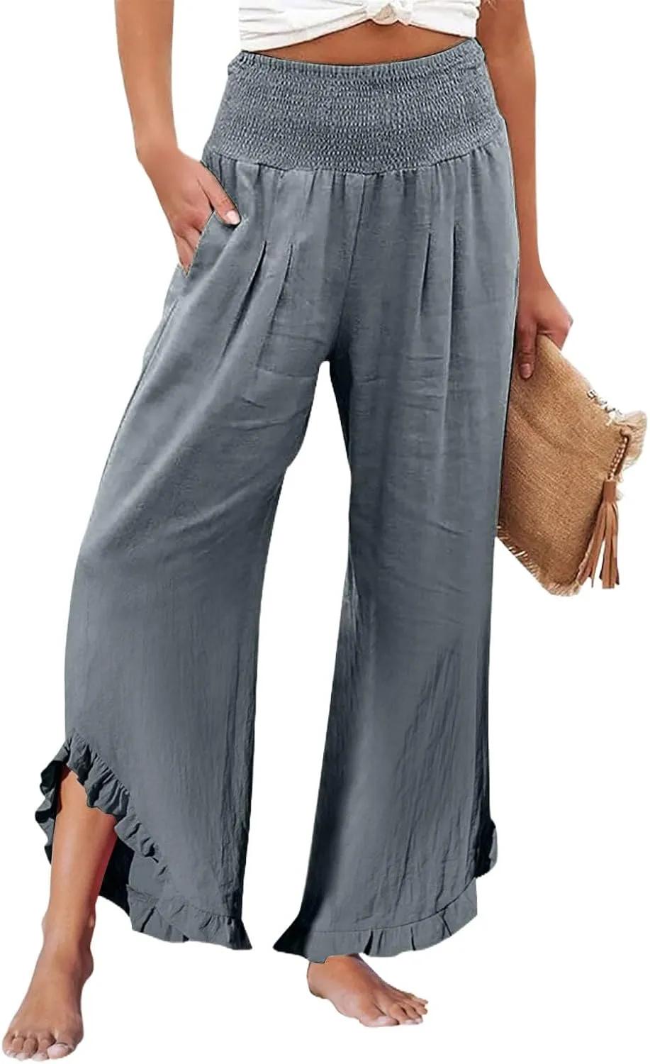 HXHYQKP Womens Linen Pant Wide Leg Summer Loose Flowy Trousers 2025 Casual Beach Stretch Ruffle Pants
