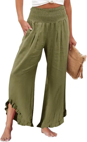 HXHYQKP Womens Linen Pant Wide Leg Summer Loose Flowy Trousers 2025 Casual Beach Stretch Ruffle Pants
