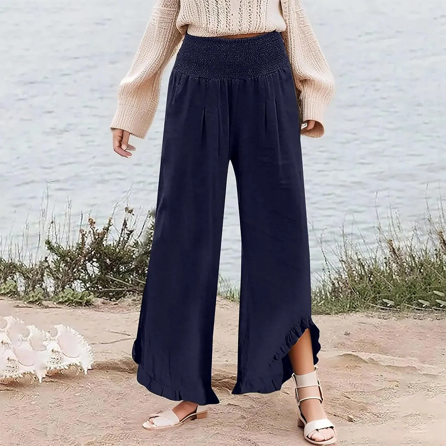 HXHYQKP Womens Linen Pant Wide Leg Summer Loose Flowy Trousers 2025 Casual Beach Stretch Ruffle Pants
