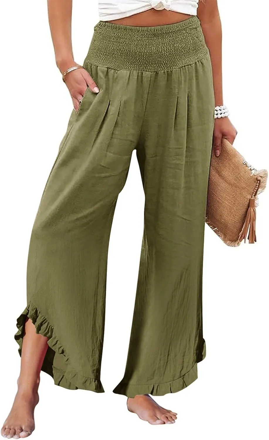HXHYQKP Womens Linen Pant Wide Leg Summer Loose Flowy Trousers 2025 Casual Beach Stretch Ruffle Pants