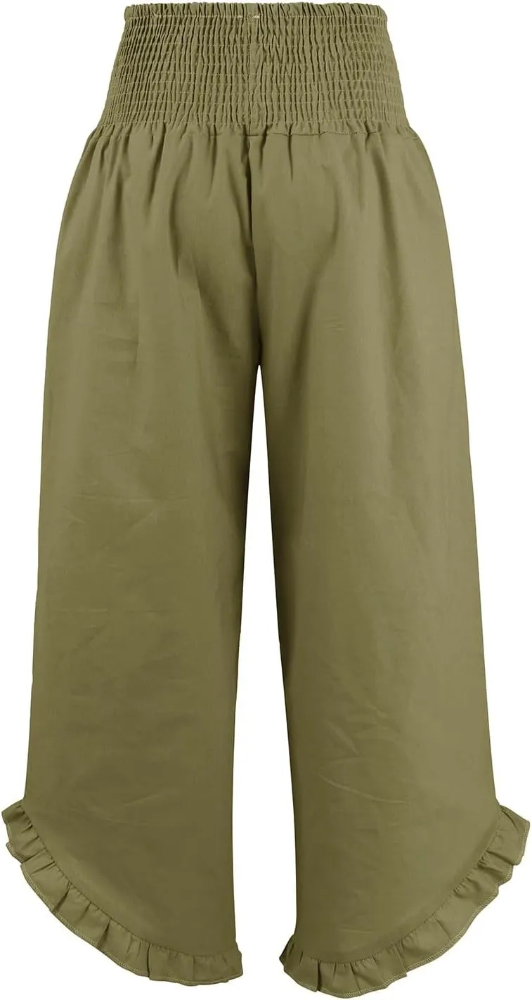 HXHYQKP Womens Linen Pant Wide Leg Summer Loose Flowy Trousers 2025 Casual Beach Stretch Ruffle Pants