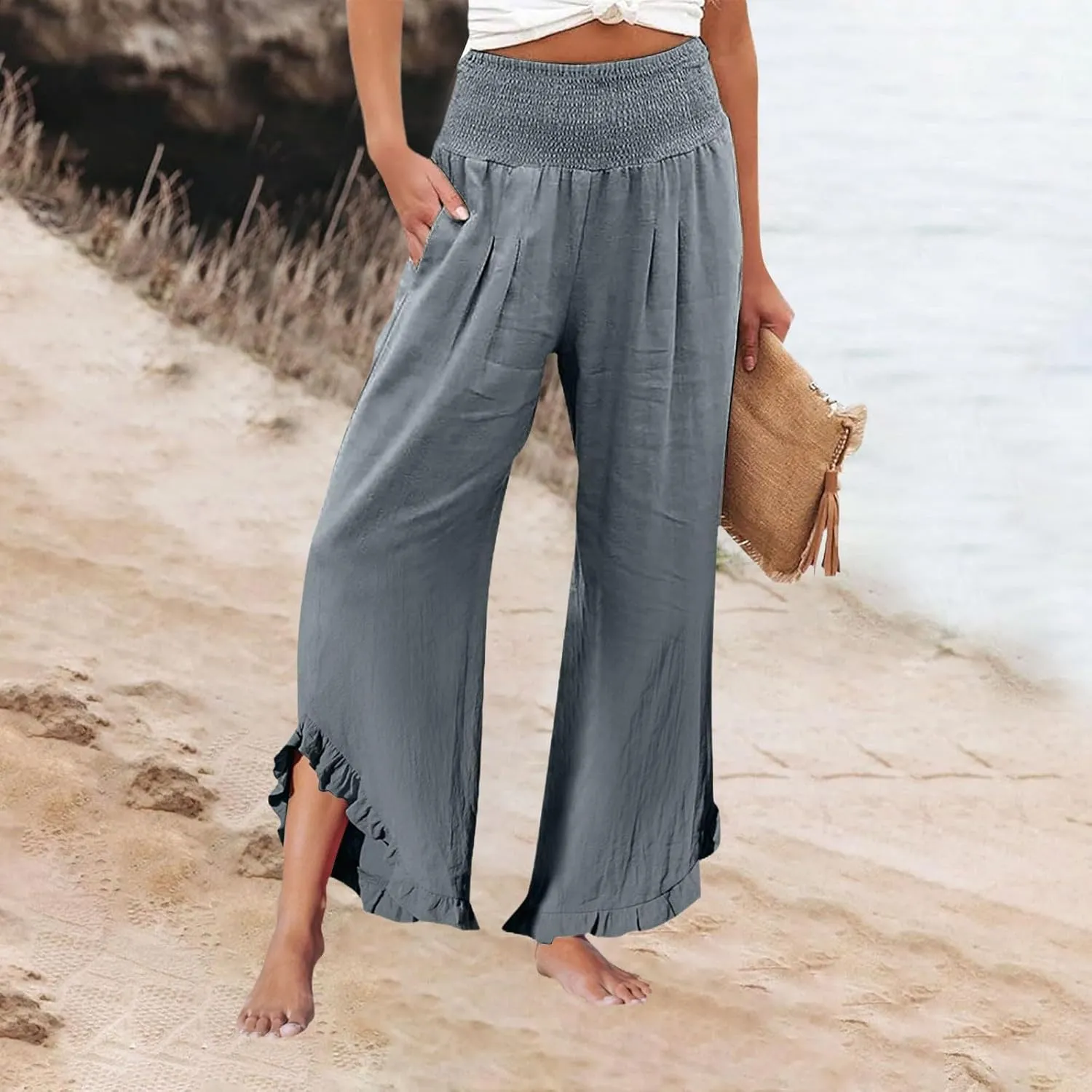 HXHYQKP Womens Linen Pant Wide Leg Summer Loose Flowy Trousers 2025 Casual Beach Stretch Ruffle Pants