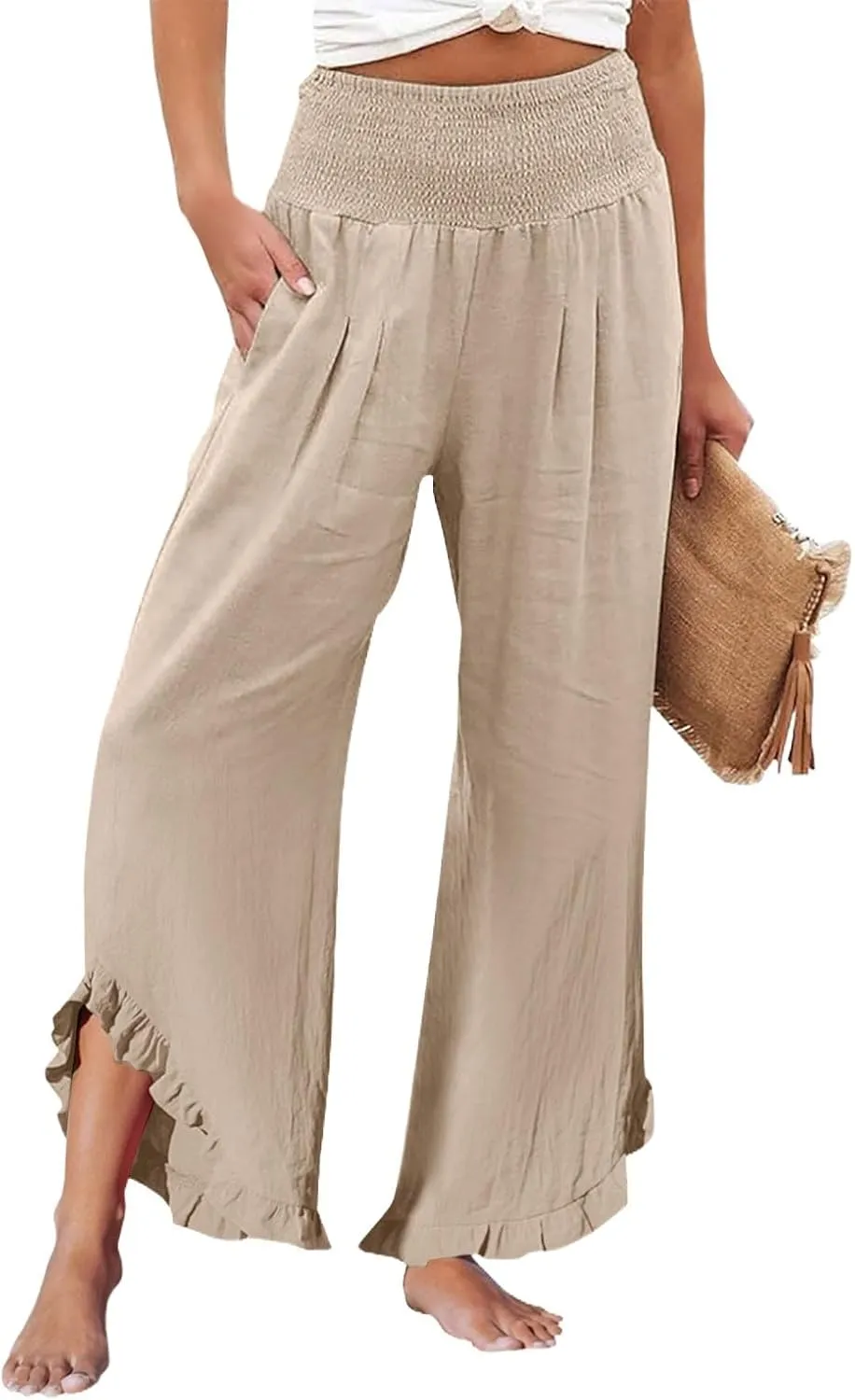 HXHYQKP Womens Linen Pant Wide Leg Summer Loose Flowy Trousers 2025 Casual Beach Stretch Ruffle Pants