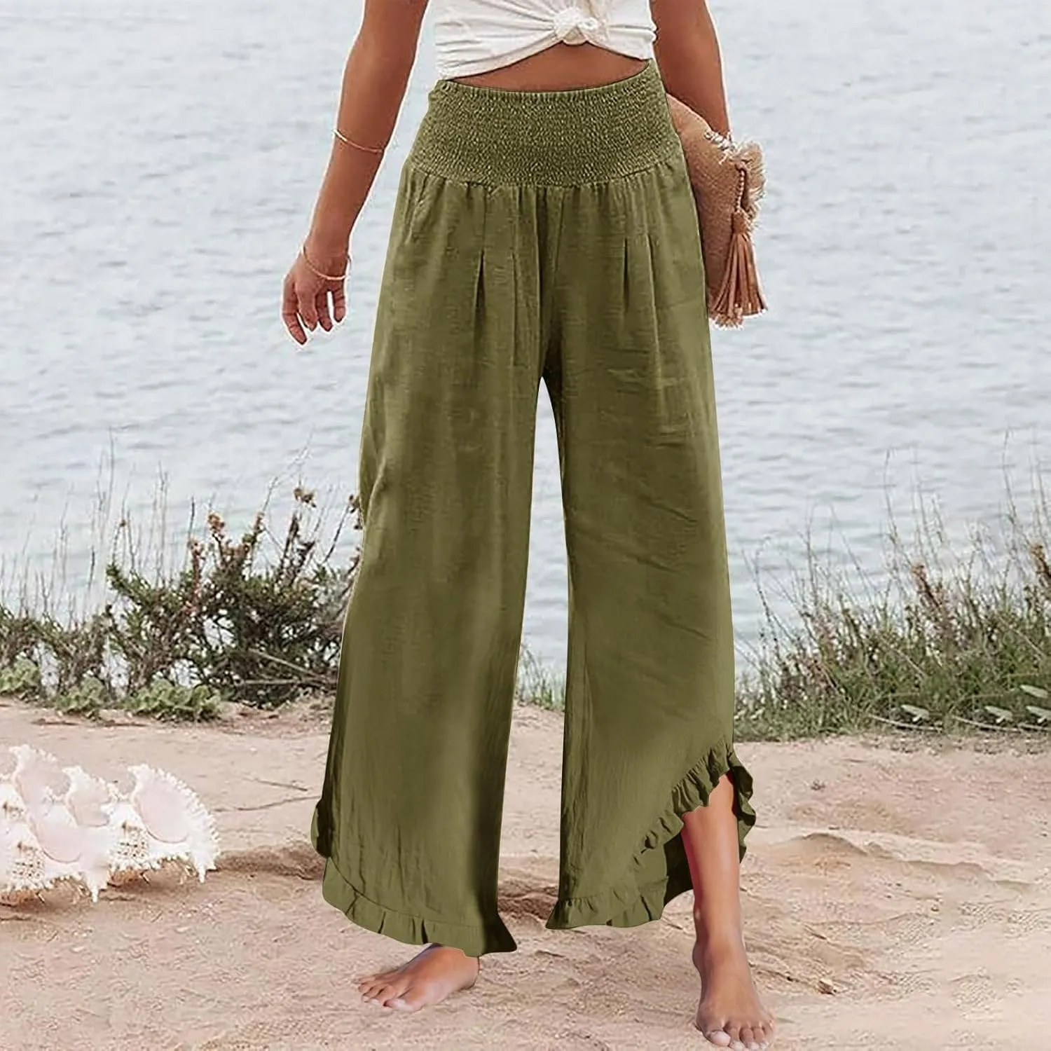 HXHYQKP Womens Linen Pant Wide Leg Summer Loose Flowy Trousers 2025 Casual Beach Stretch Ruffle Pants
