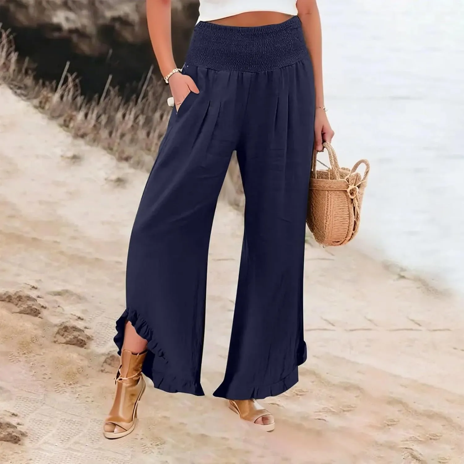 HXHYQKP Womens Linen Pant Wide Leg Summer Loose Flowy Trousers 2025 Casual Beach Stretch Ruffle Pants