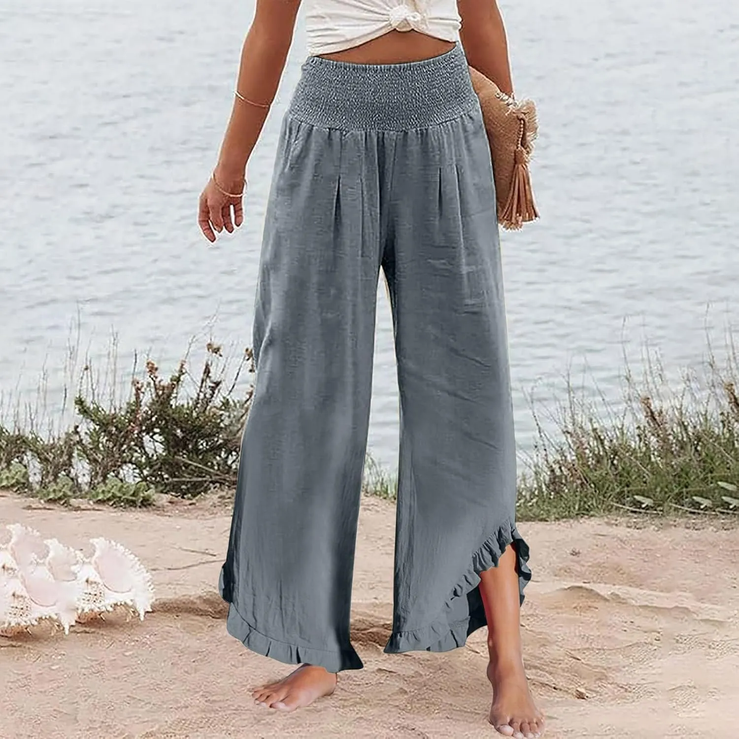 HXHYQKP Womens Linen Pant Wide Leg Summer Loose Flowy Trousers 2025 Casual Beach Stretch Ruffle Pants