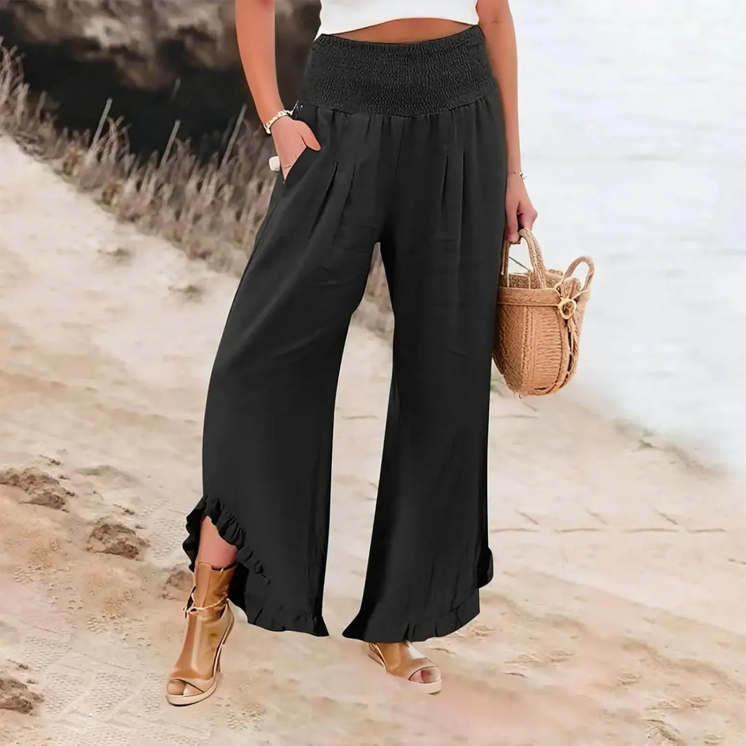 HXHYQKP Womens Linen Pant Wide Leg Summer Loose Flowy Trousers 2025 Casual Beach Stretch Ruffle Pants