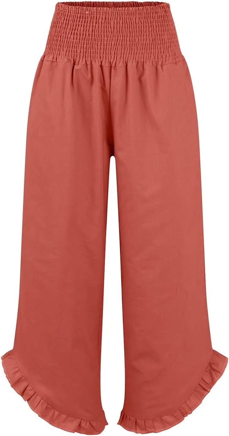 HXHYQKP Womens Linen Pant Wide Leg Summer Loose Flowy Trousers 2025 Casual Beach Stretch Ruffle Pants