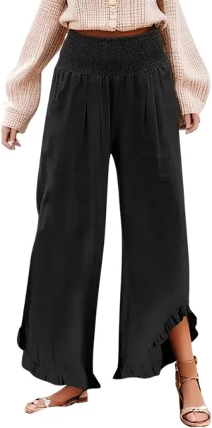 HXHYQKP Womens Linen Pant Wide Leg Summer Loose Flowy Trousers 2025 Casual Beach Stretch Ruffle Pants