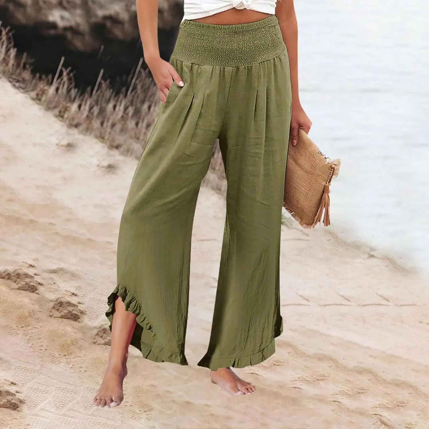 HXHYQKP Womens Linen Pant Wide Leg Summer Loose Flowy Trousers 2025 Casual Beach Stretch Ruffle Pants