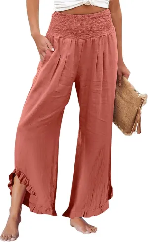 HXHYQKP Womens Linen Pant Wide Leg Summer Loose Flowy Trousers 2025 Casual Beach Stretch Ruffle Pants