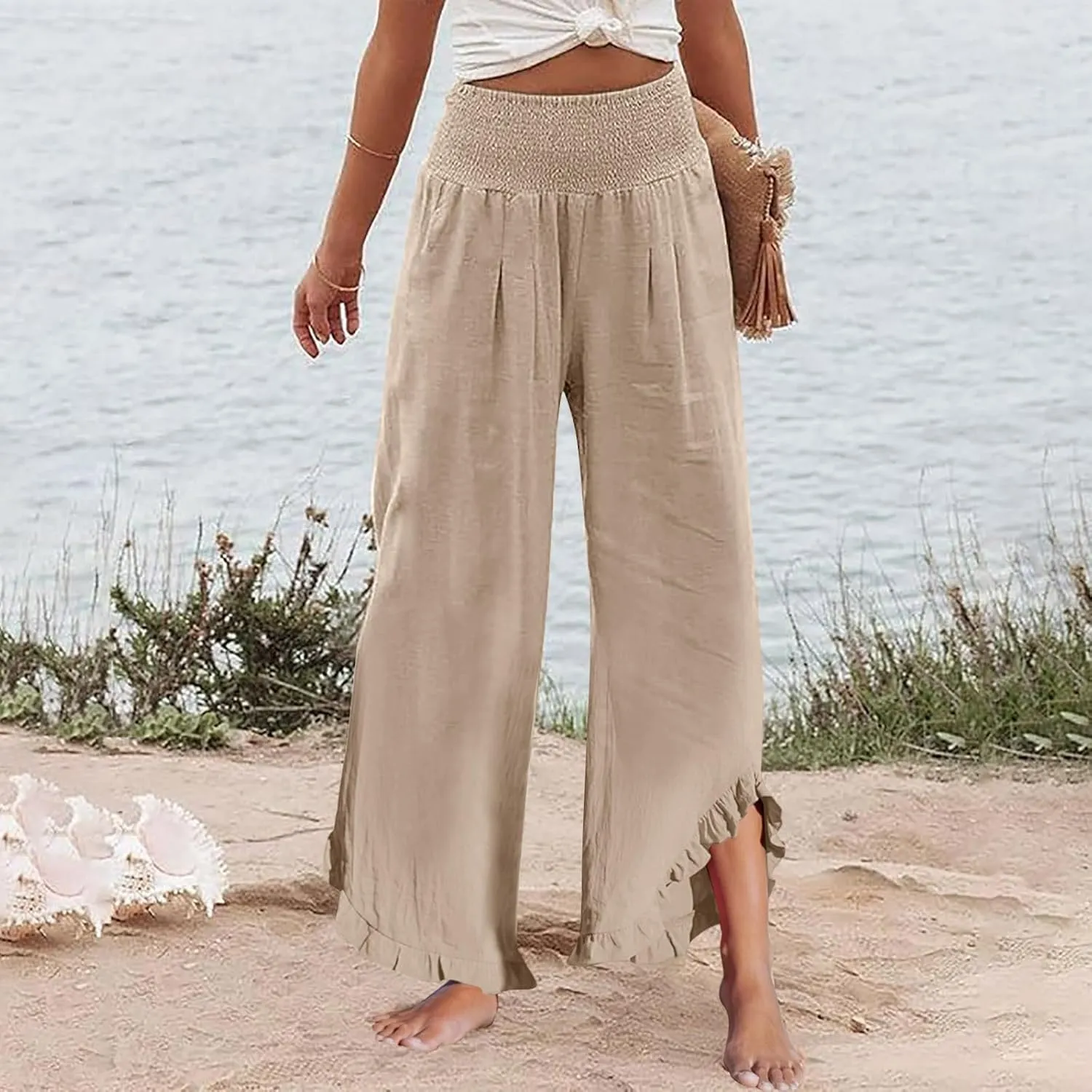 HXHYQKP Womens Linen Pant Wide Leg Summer Loose Flowy Trousers 2025 Casual Beach Stretch Ruffle Pants