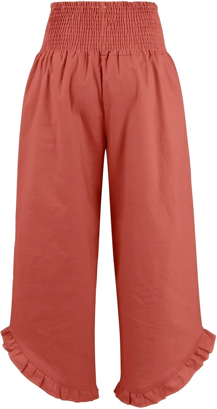 HXHYQKP Womens Linen Pant Wide Leg Summer Loose Flowy Trousers 2025 Casual Beach Stretch Ruffle Pants