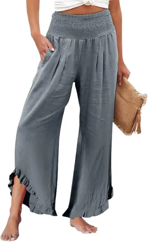 HXHYQKP Womens Linen Pant Wide Leg Summer Loose Flowy Trousers 2025 Casual Beach Stretch Ruffle Pants