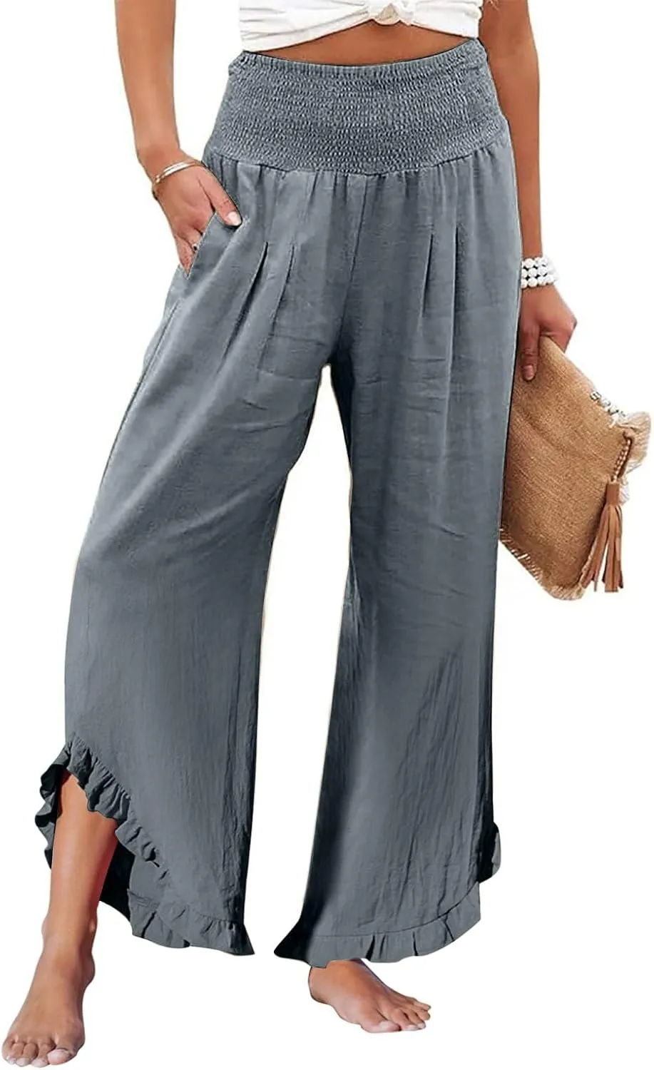 HXHYQKP Womens Linen Pant Wide Leg Summer Loose Flowy Trousers 2025 Casual Beach Stretch Ruffle Pants