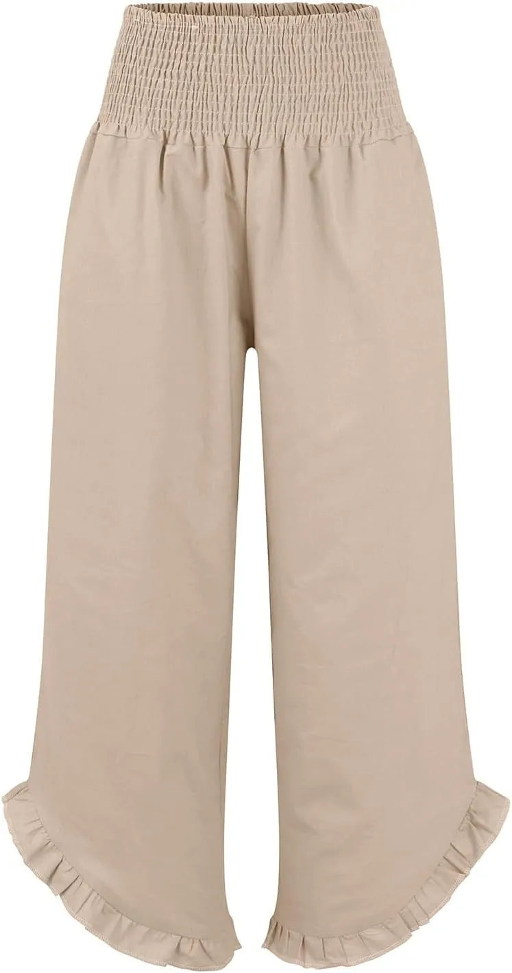HXHYQKP Womens Linen Pant Wide Leg Summer Loose Flowy Trousers 2025 Casual Beach Stretch Ruffle Pants