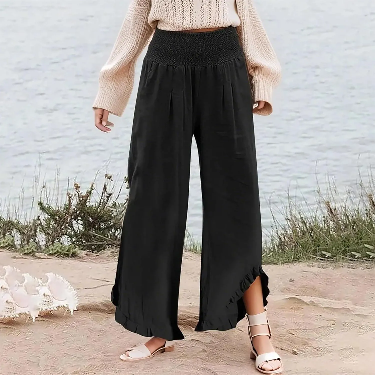 HXHYQKP Womens Linen Pant Wide Leg Summer Loose Flowy Trousers 2025 Casual Beach Stretch Ruffle Pants