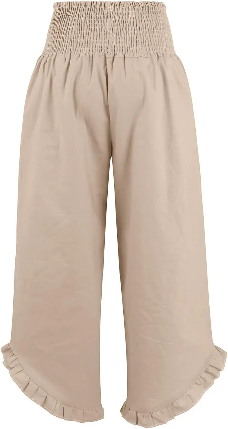 HXHYQKP Womens Linen Pant Wide Leg Summer Loose Flowy Trousers 2025 Casual Beach Stretch Ruffle Pants