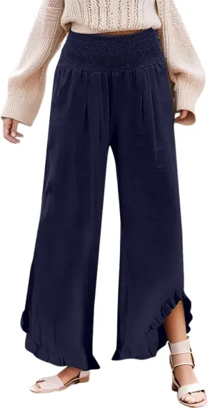 HXHYQKP Womens Linen Pant Wide Leg Summer Loose Flowy Trousers 2025 Casual Beach Stretch Ruffle Pants
