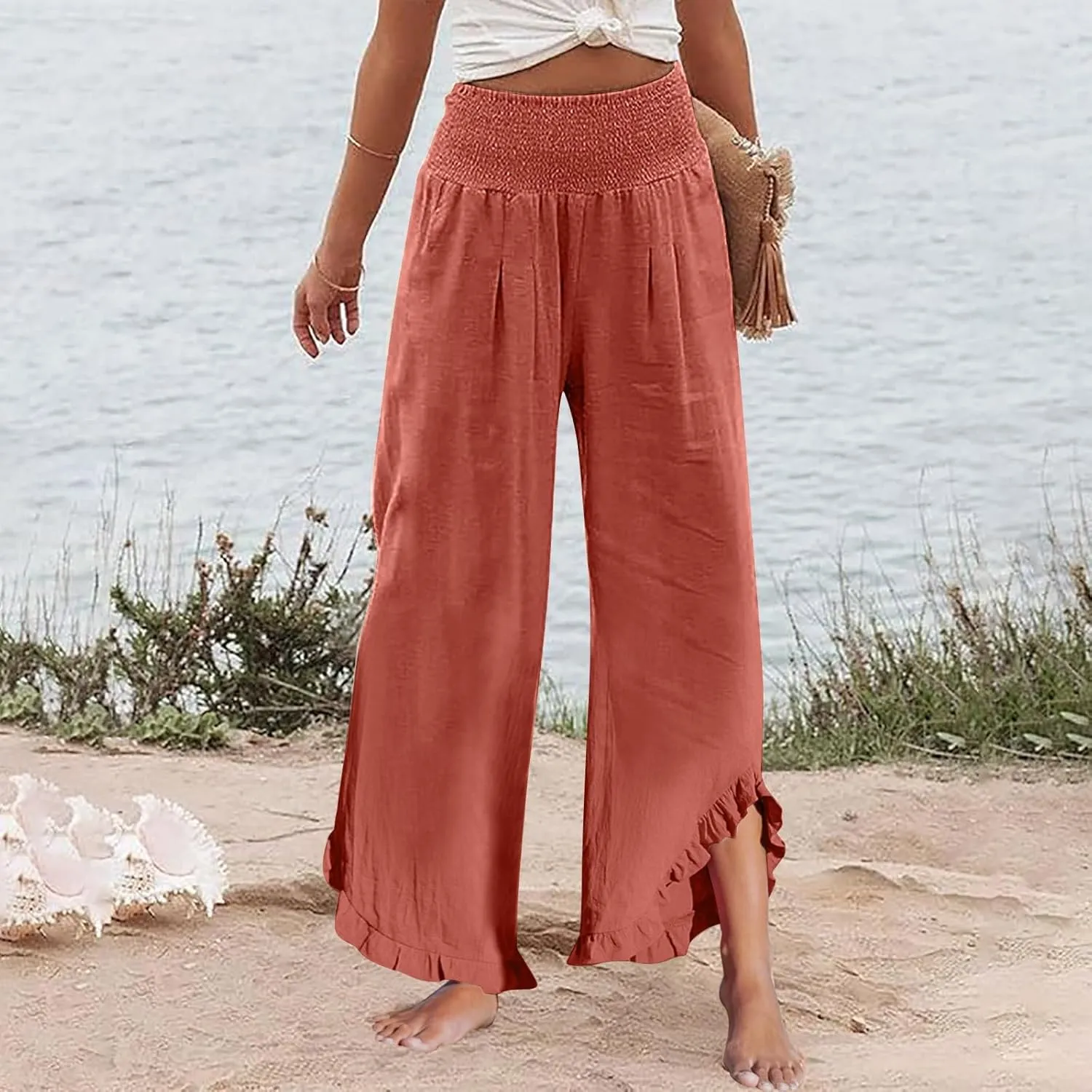 HXHYQKP Womens Linen Pant Wide Leg Summer Loose Flowy Trousers 2025 Casual Beach Stretch Ruffle Pants