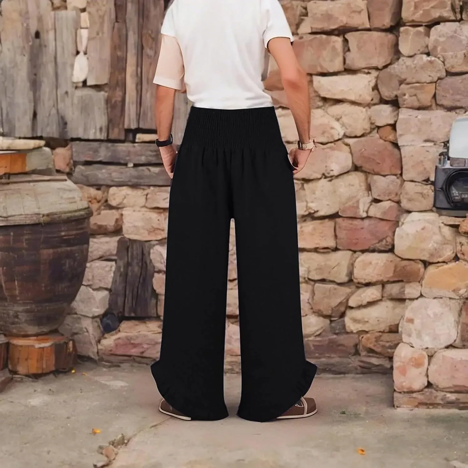 HXHYQKP Womens Linen Pant Wide Leg Summer Loose Flowy Trousers 2025 Casual Beach Stretch Ruffle Pants