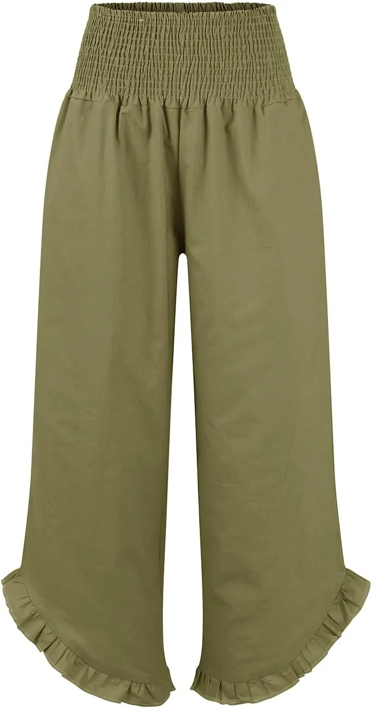HXHYQKP Womens Linen Pant Wide Leg Summer Loose Flowy Trousers 2025 Casual Beach Stretch Ruffle Pants