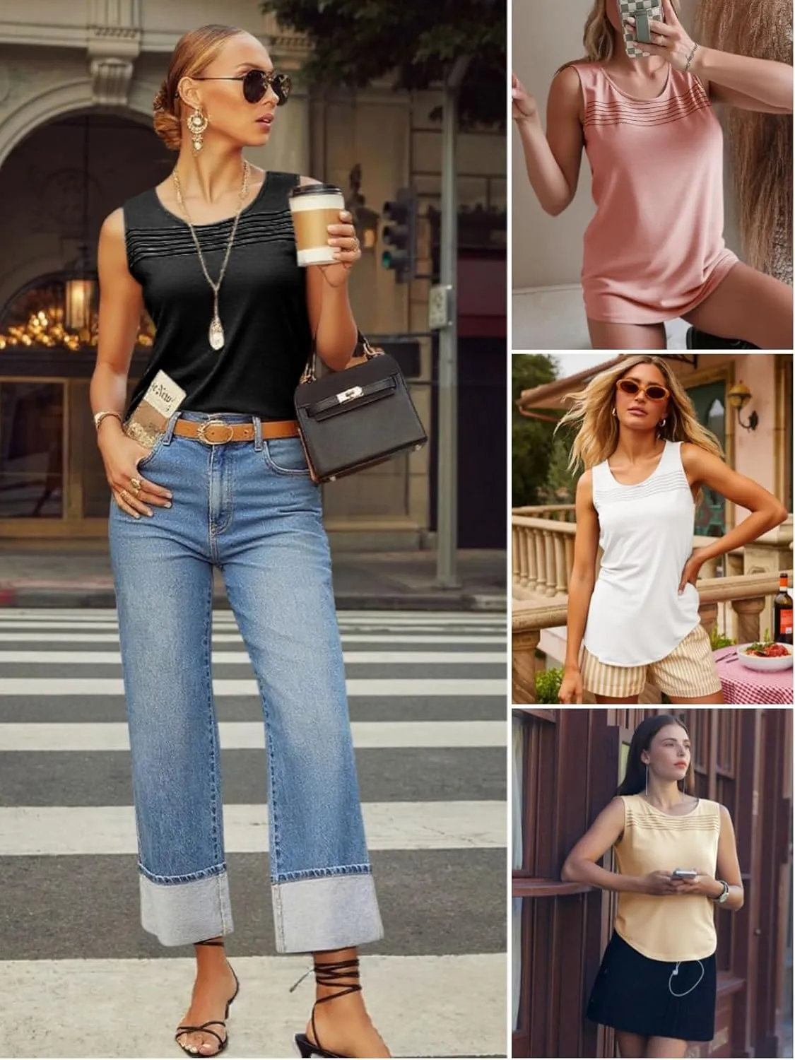 Imily Bela Womens Sleeveless Tank Tops Loose Fit Summer Flowy Dressy Casual Blouse Crewneck Pleated Front Beach Shirts