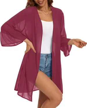 Indian Trendy Women's Solid Ruffle Sleeve Kimono Long Cardigan Loose Cover Up Casual Blouse Top Chiffon, Small-Medium