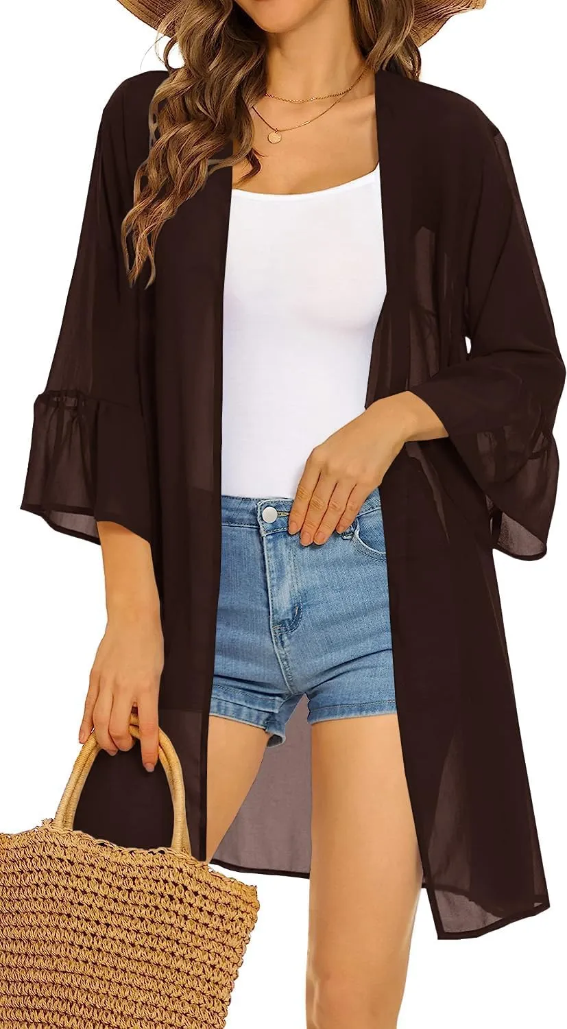 Indian Trendy Women's Solid Ruffle Sleeve Kimono Long Cardigan Loose Cover Up Casual Blouse Top Chiffon, Small-Medium