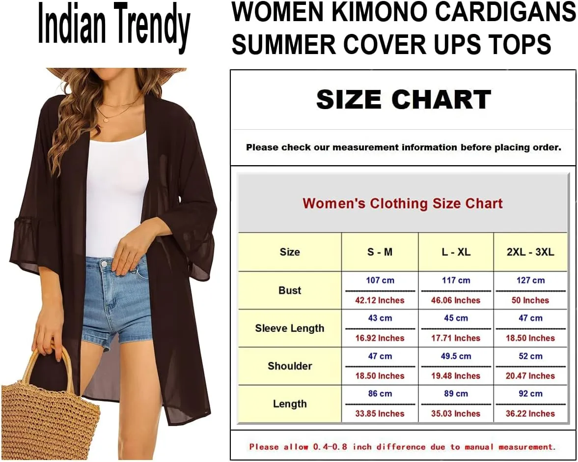 Indian Trendy Women's Solid Ruffle Sleeve Kimono Long Cardigan Loose Cover Up Casual Blouse Top Chiffon, Small-Medium